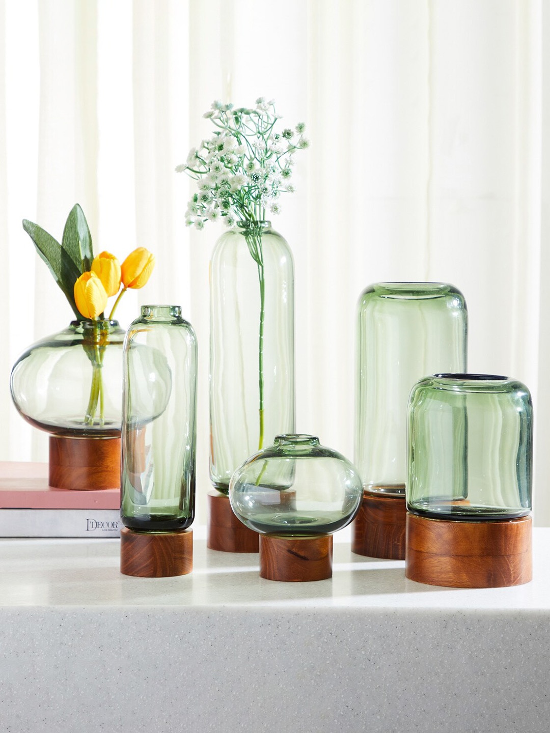 

Home Centre Fern Living Green & Brown Glass Narrow Vase With Wooden Base