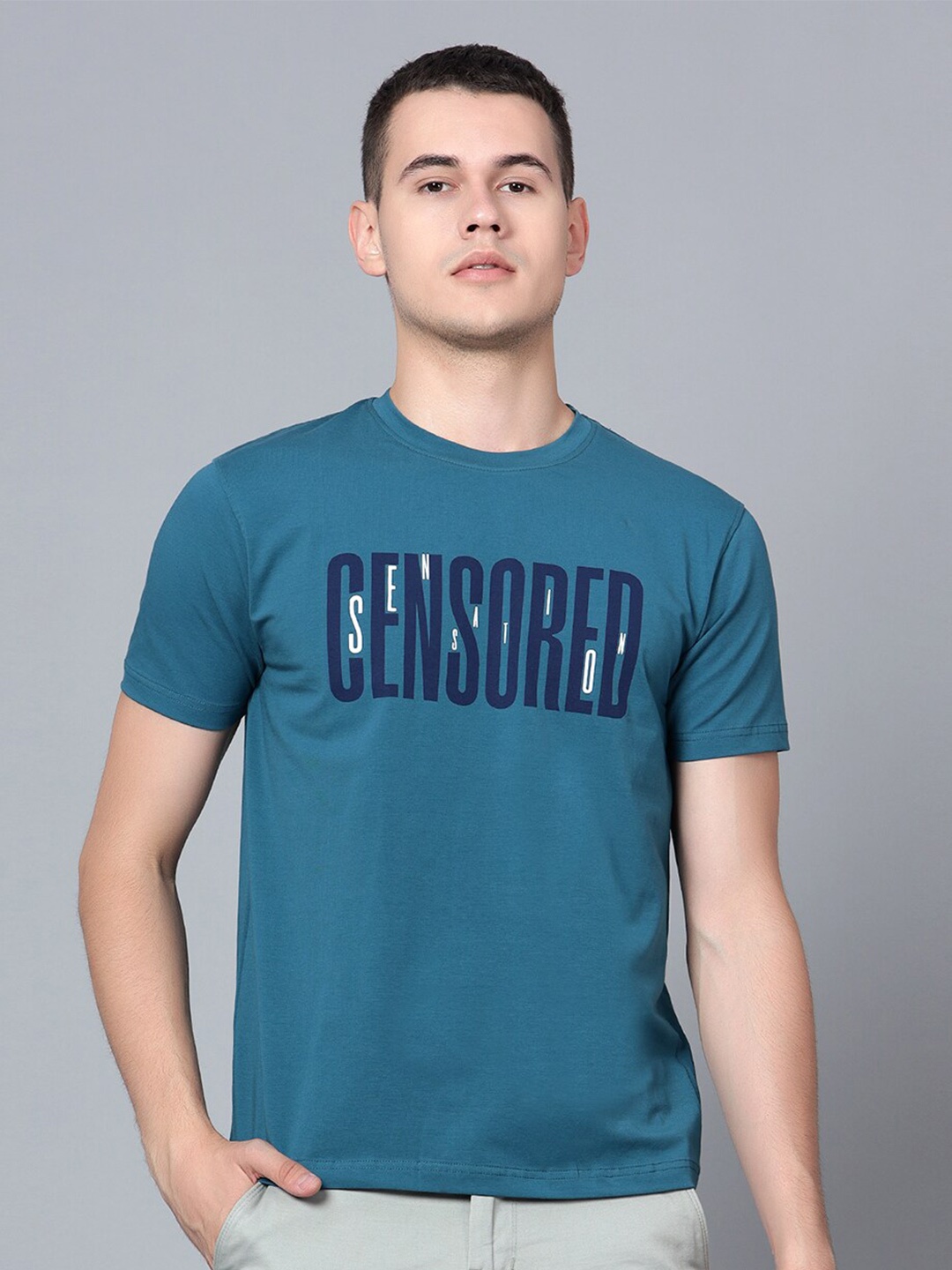 

Cantabil Typography Printed T-shirt, Teal