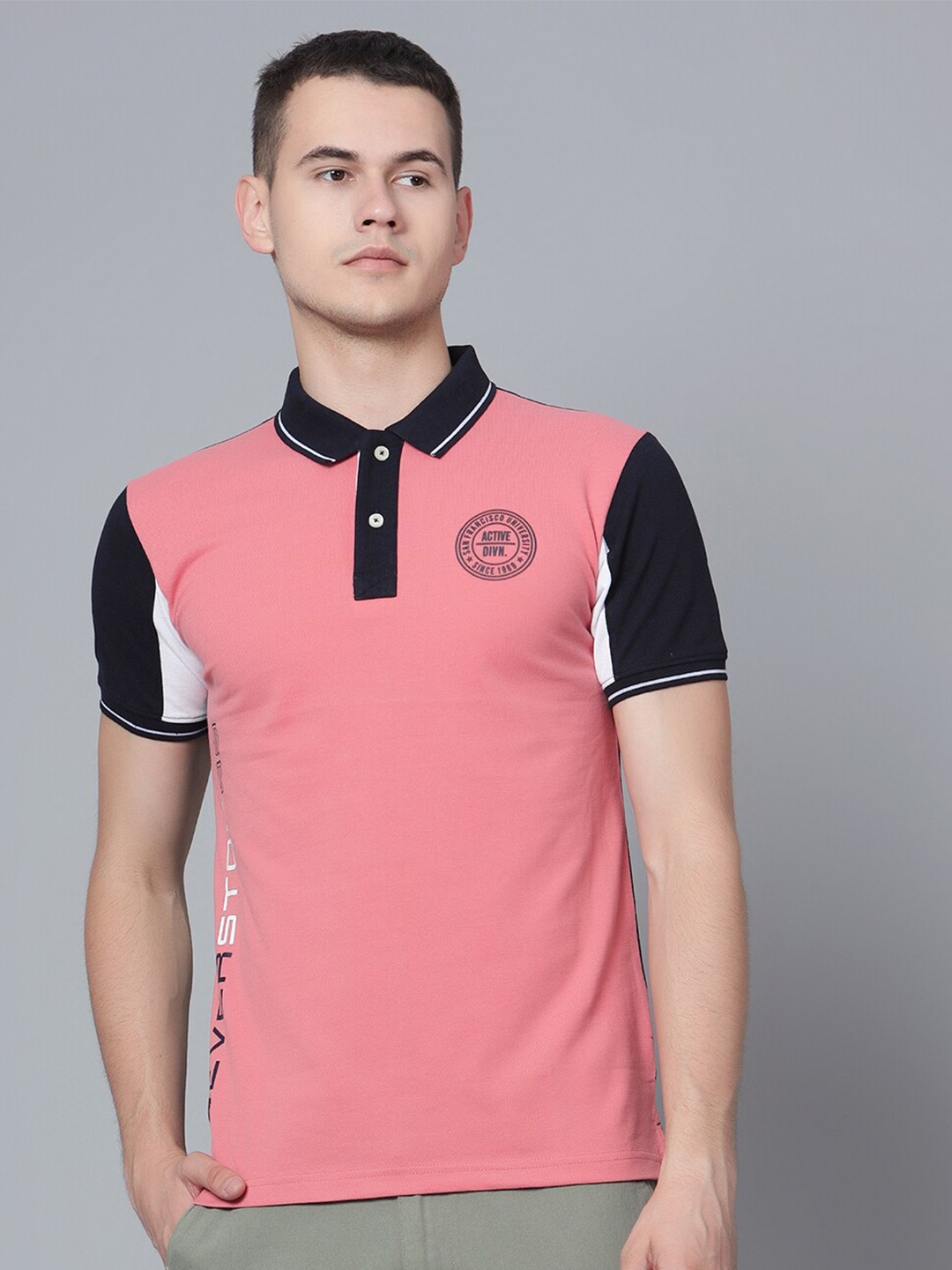 

Cantabil Colourblocked Cotton Polo T-shirt, Pink