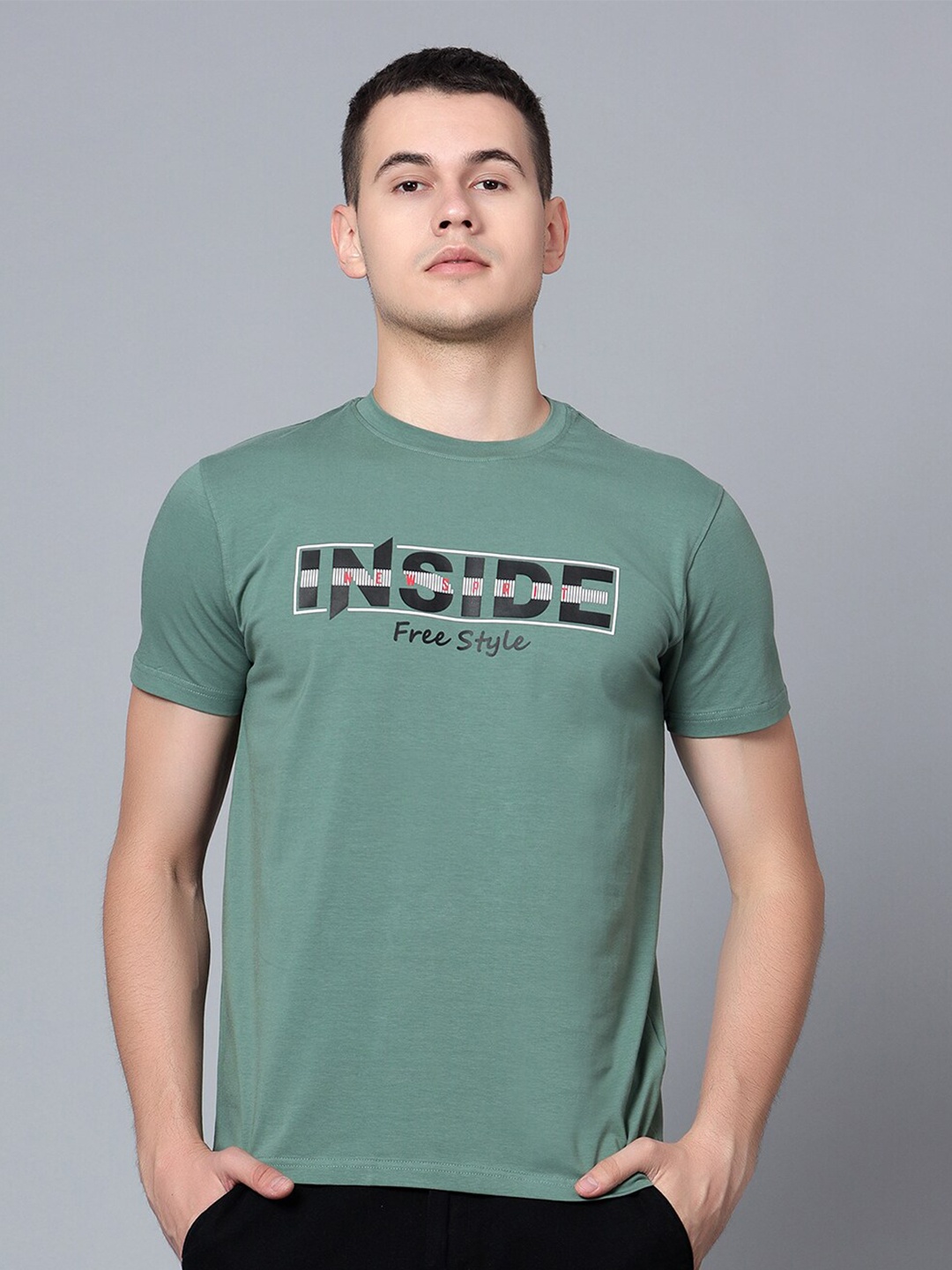 

Cantabil Typography Round Neck Cotton T-shirt, Green