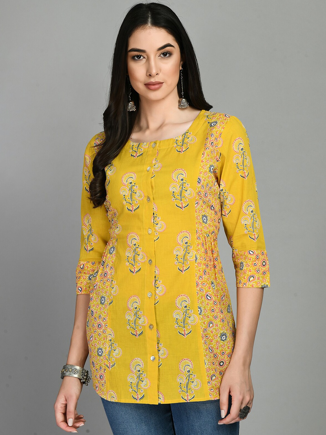 

MEESAN Round Neck Floral Printed Tunic, Yellow