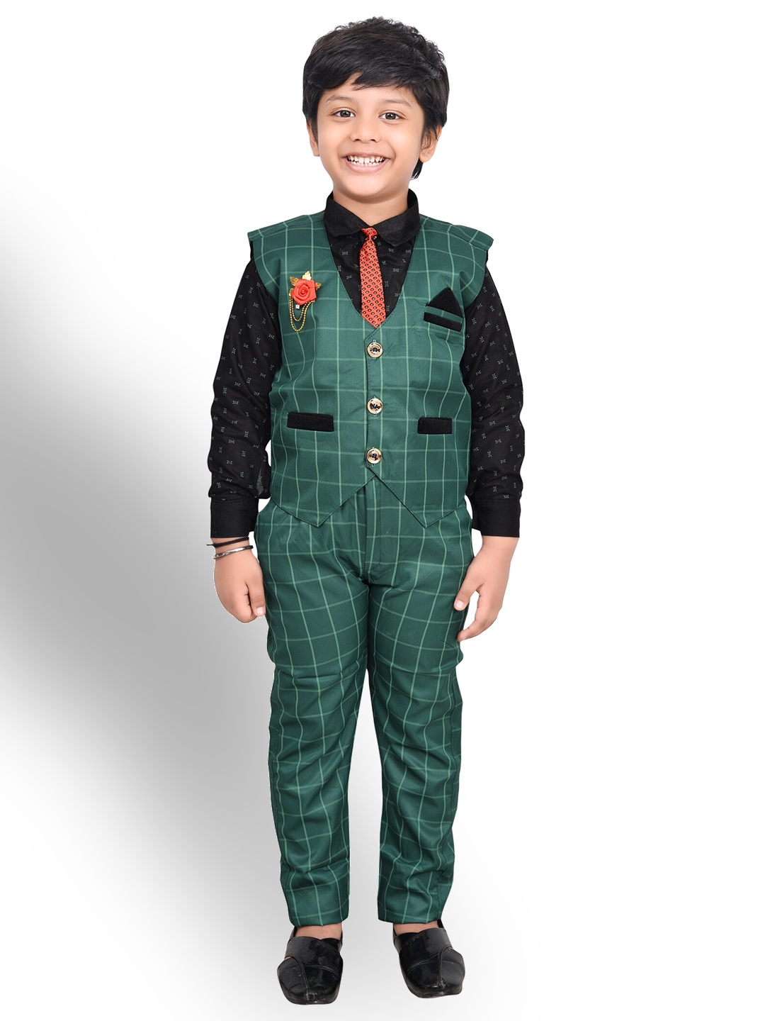 

KIDZAREA Boys Printed Shirt With Trousers & Waistcoat, Green