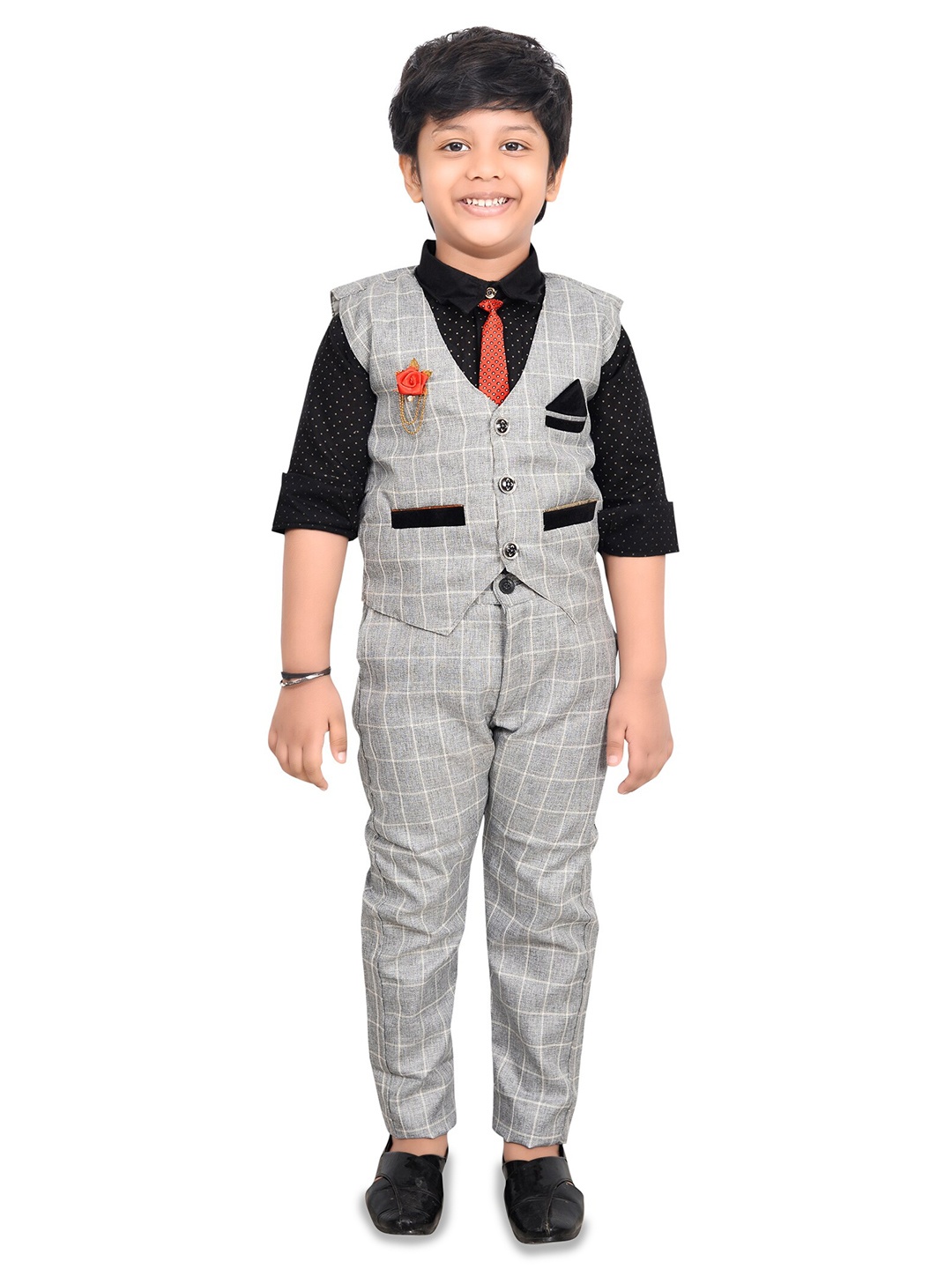 

KIDZAREA Boys Printed Shirt With Trousers & Waistcoat, Grey
