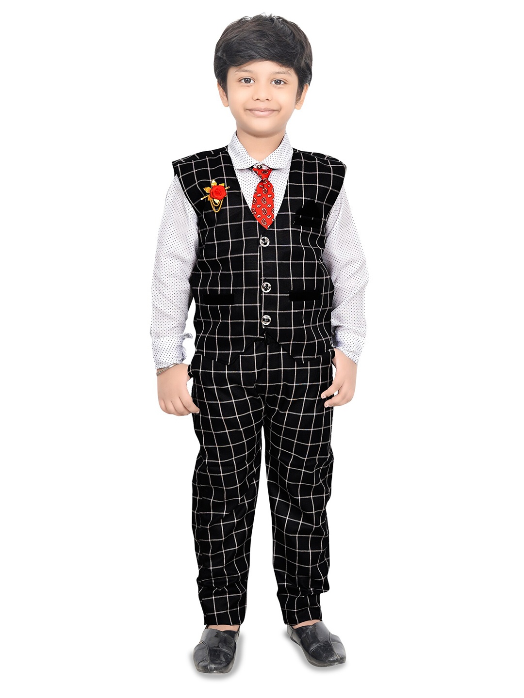 

KIDZAREA Boys Printed Shirt With Trousers & Waistcoat, Black