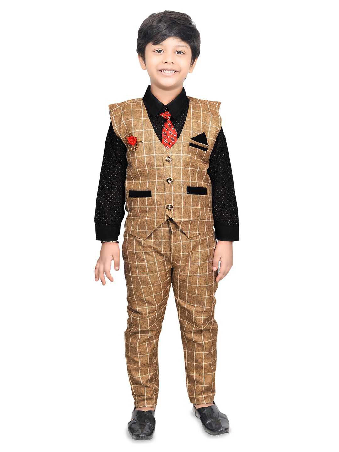 

KIDZAREA Boys Printed Shirt With Trousers & Waistcoat, Brown
