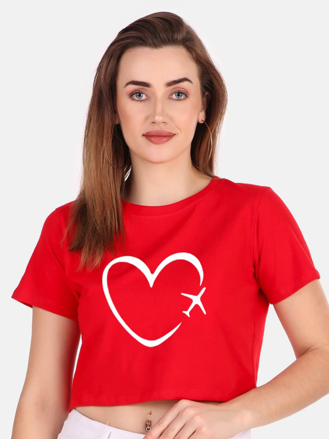 

TRENDY RABBIT Graphic Print Pure Cotton Crop T-shirt, Red