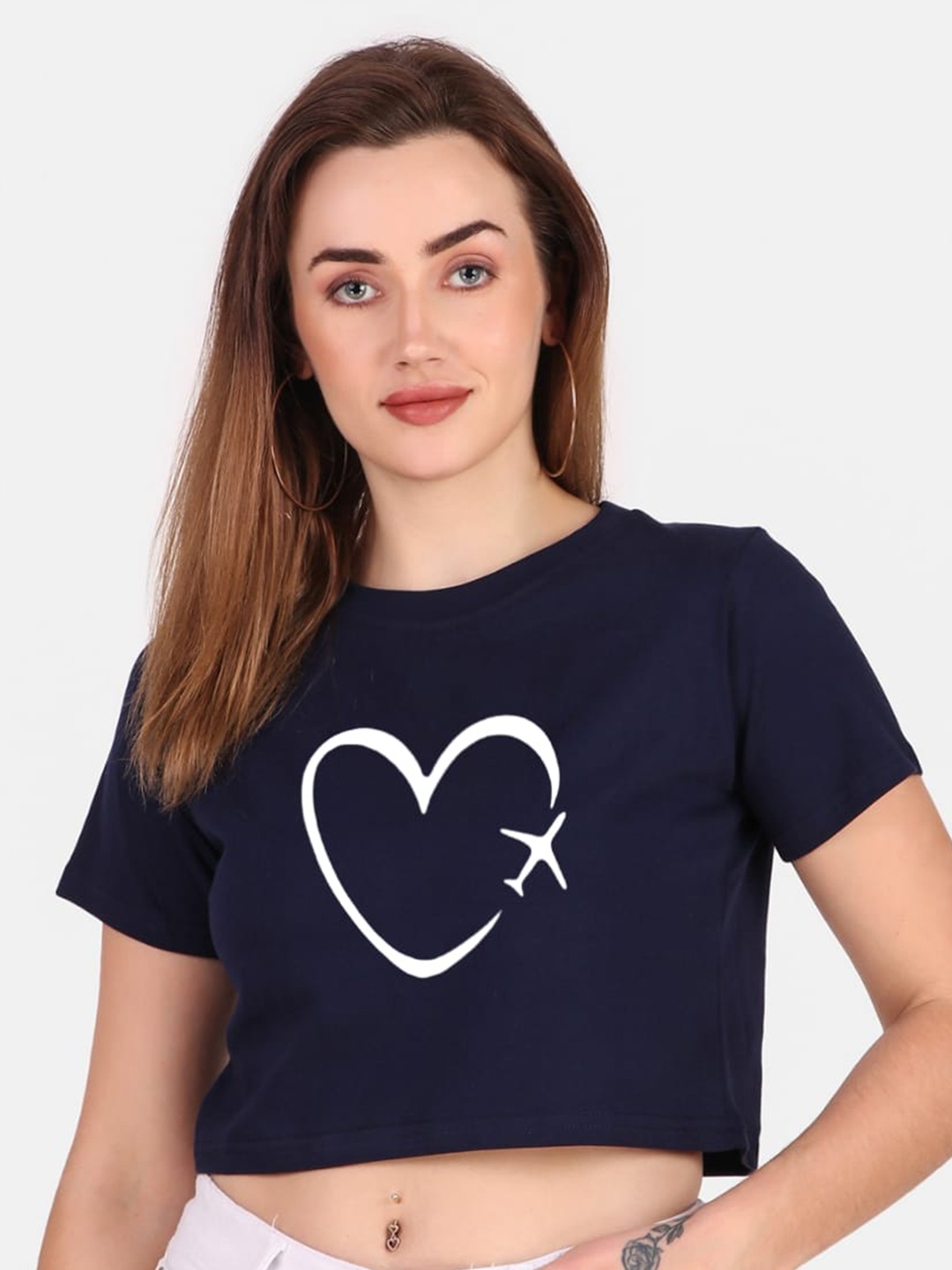 

TRENDY RABBIT Graphic Print Pure Cotton Crop T-shirt, Navy blue