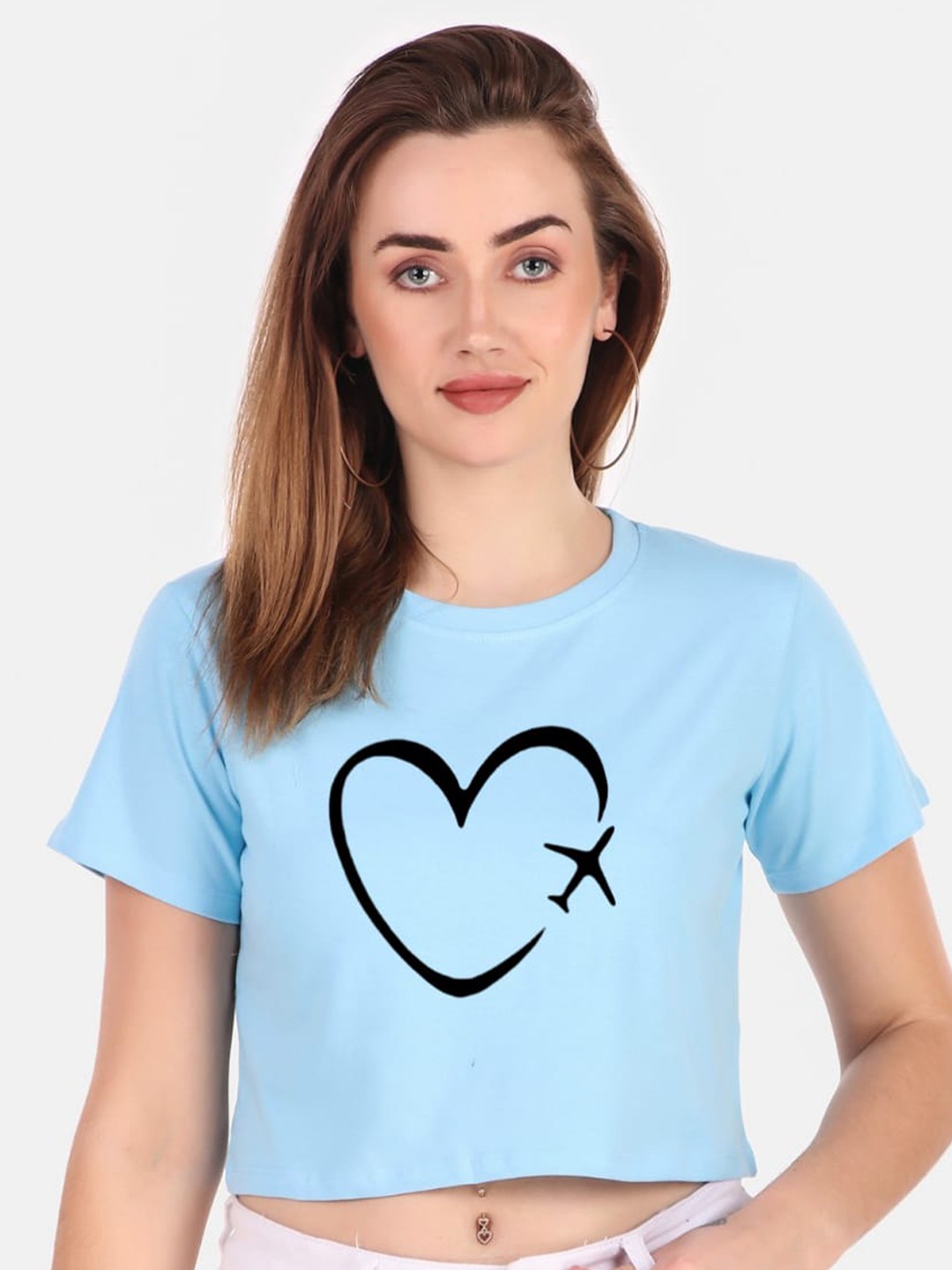 

TRENDY RABBIT Graphic Print Pure Cotton Crop T-shirt, Blue