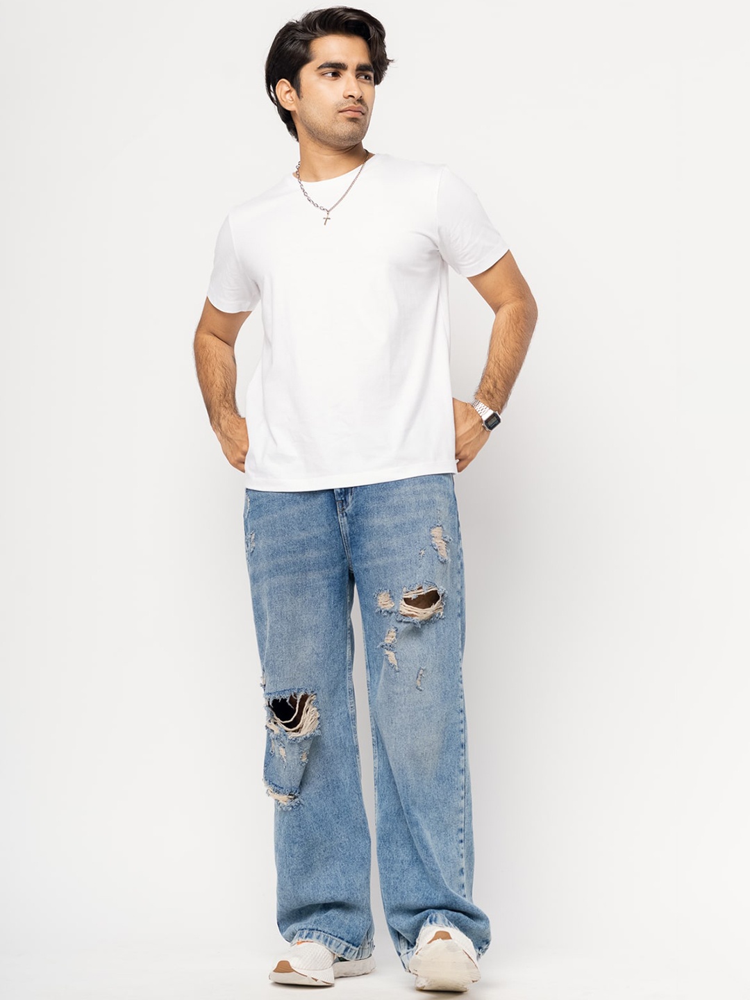 

FREAKINS Men Wide Leg Fit High-Rise Light Fade Pure Cotton Jeans, Blue