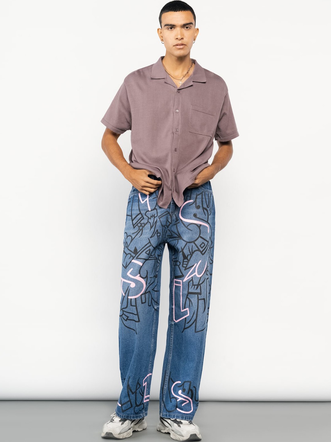 

FREAKINS Men Blue Printed Straight Fit High-Rise Pure Cotton Jeans