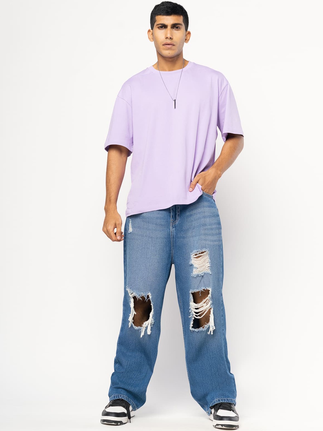 

FREAKINS Men Blue Wide Leg Fit Highly Distressed Light Fade Pure Cotton Jeans