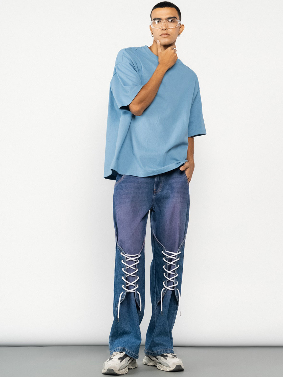 

FREAKINS Men Blue High-Rise Straight Fit Tie-Ups Clean Look Pure Cotton Jeans