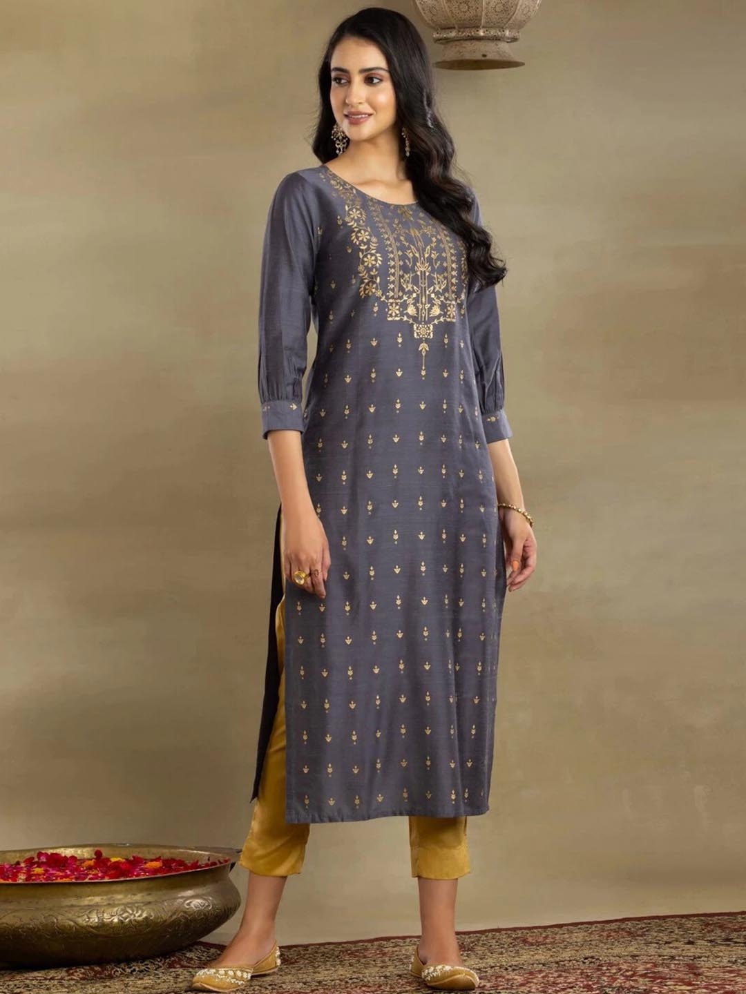 

SkyaSia Ethnic Motifs Printed Straight Kurta, Grey
