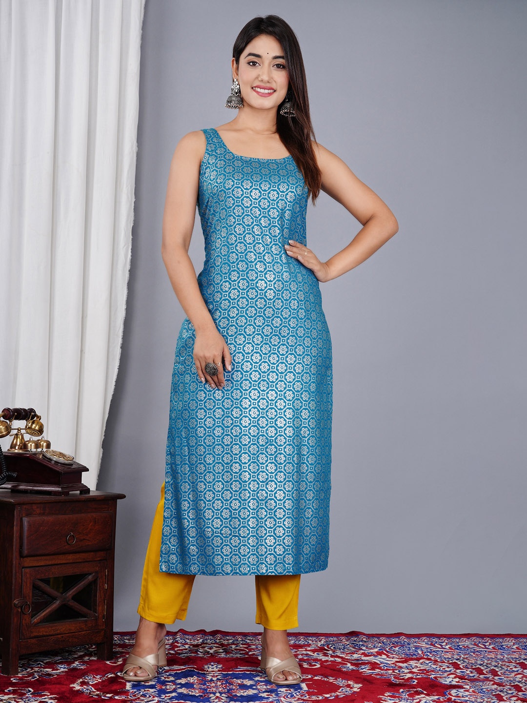 

SkyaSia Ethnic Motifs Printed Sleeveless Kurta, Turquoise blue