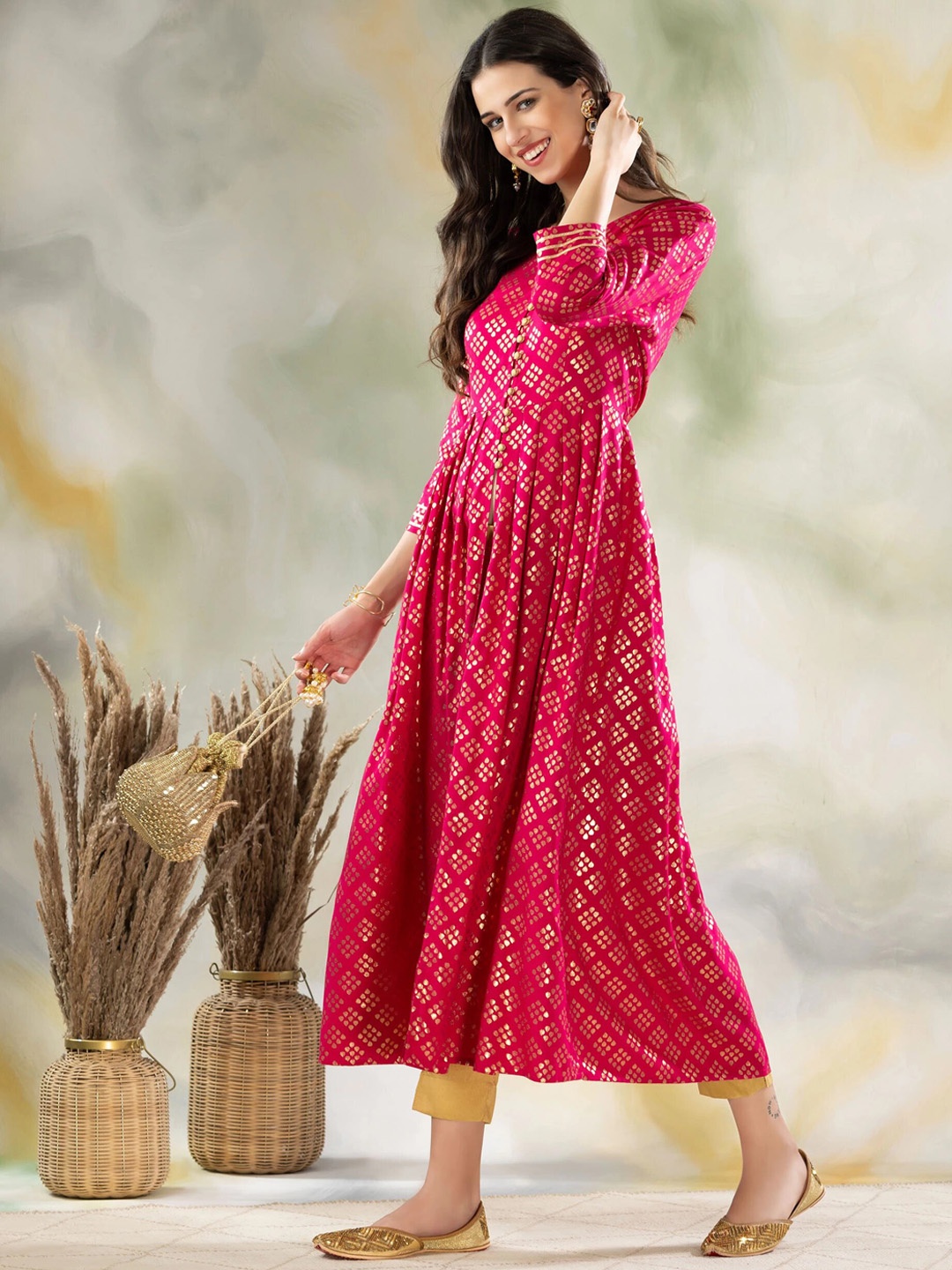 

SkyaSia Ethnic Motifs Printed Frontsilt A-Line Kurta, Pink