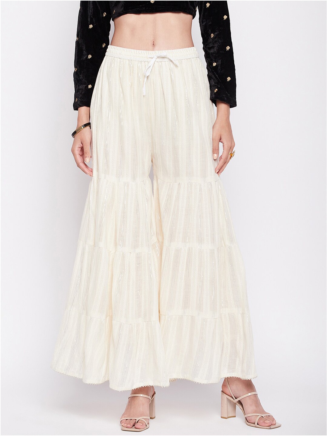 

Clora Creation Women Self Design Cotton Flared Palazzos, Cream