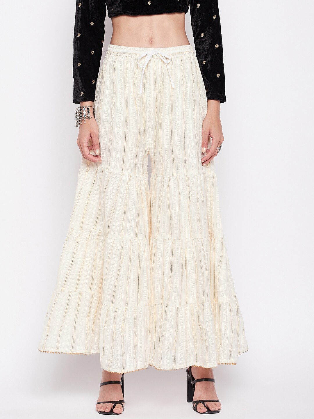 

Clora Creation Women Self Design Wide leg Cotton Palazzos, Cream