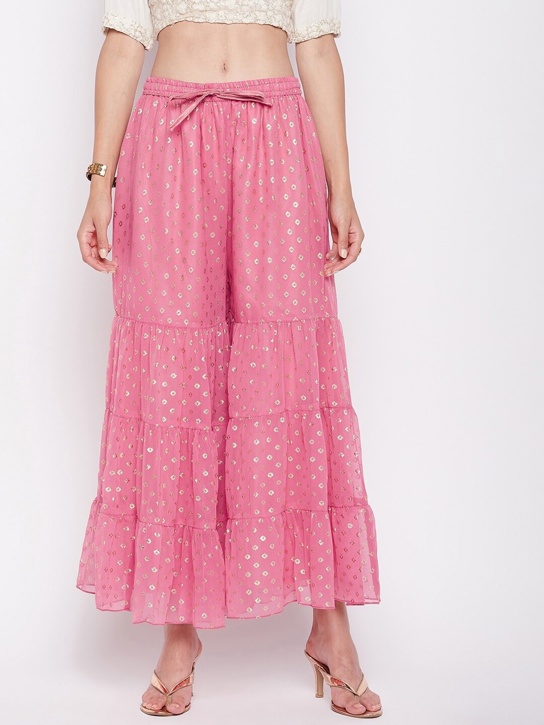 

Clora Creation Women Floral Printed Flared Georgette Palazzos, Pink