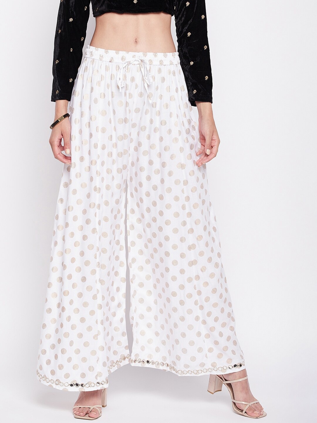 

Clora Creation Women Embellished Polka Dot Printed Wide leg Palazzos, White