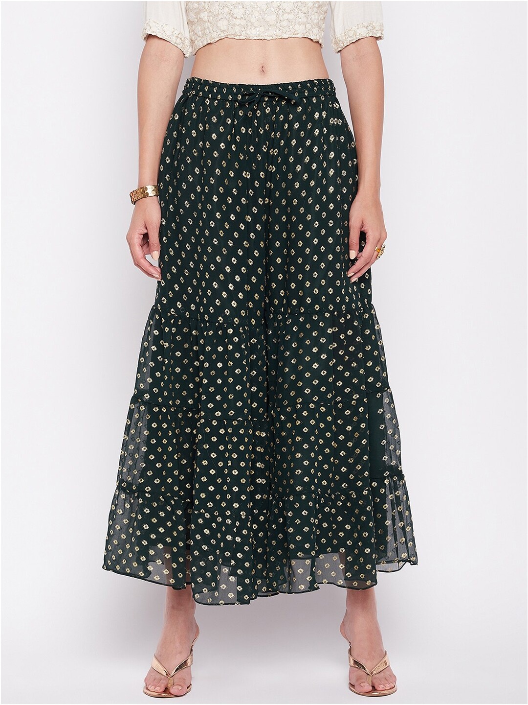 

Clora Creation Women Floral Printed Flared Georgette Palazzos, Green