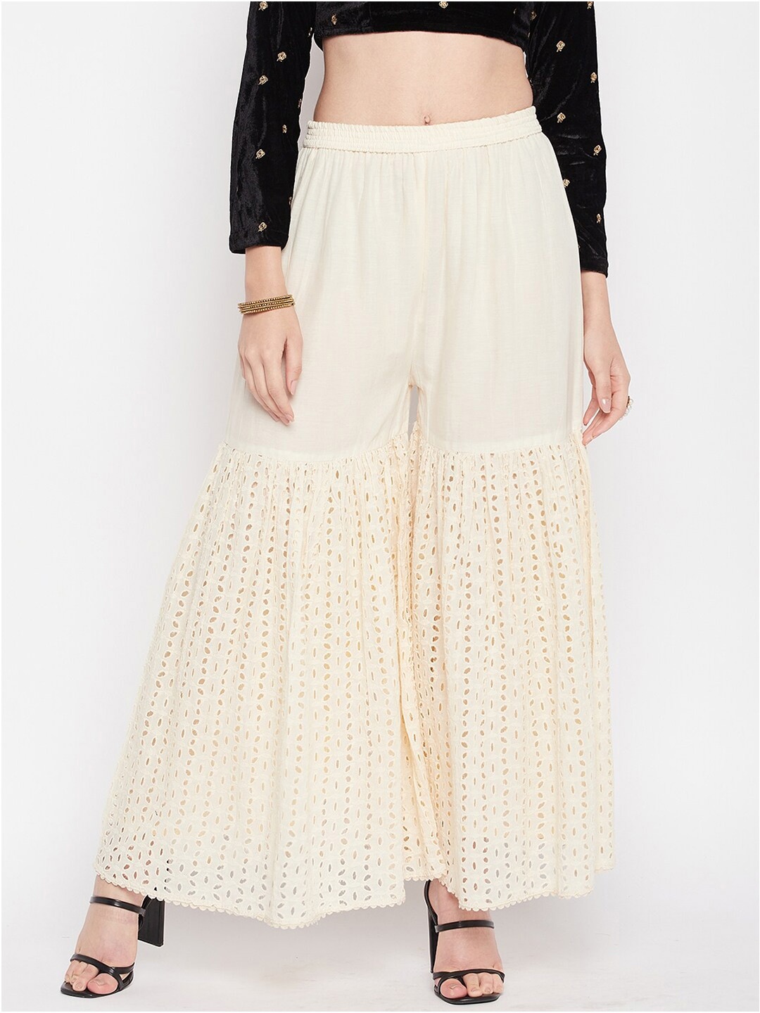 

Clora Creation Women Self Design Flared Cotton Ethnic Palazzos, Off white