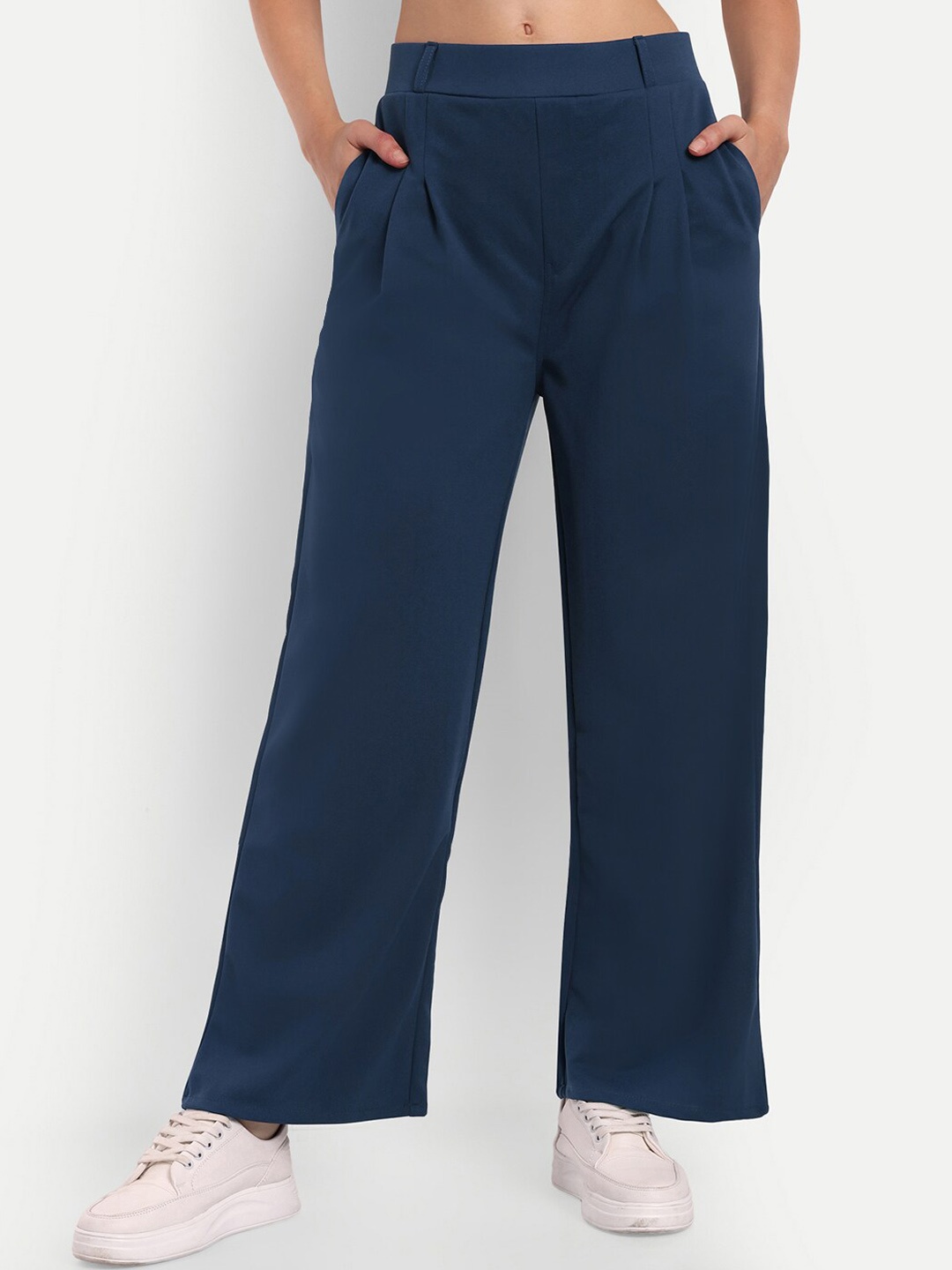 

Next One Women Smart Easy Wash Pleated Stretchable Parallel Trousers, Navy blue