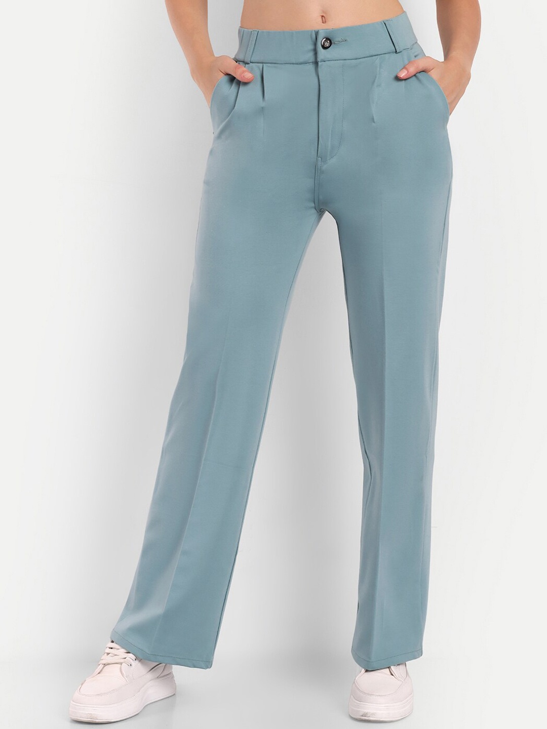 

Next One Women Smart High-Rise Easy Wash Stretchable Pleated Parallel Trousers, Blue