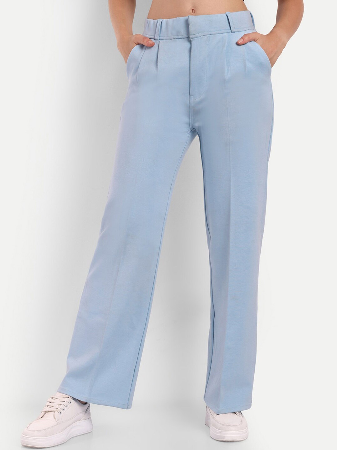 

Next One Women Smart High-Rise Easy Wash Stretchable Pleated Parallel Trousers, Blue