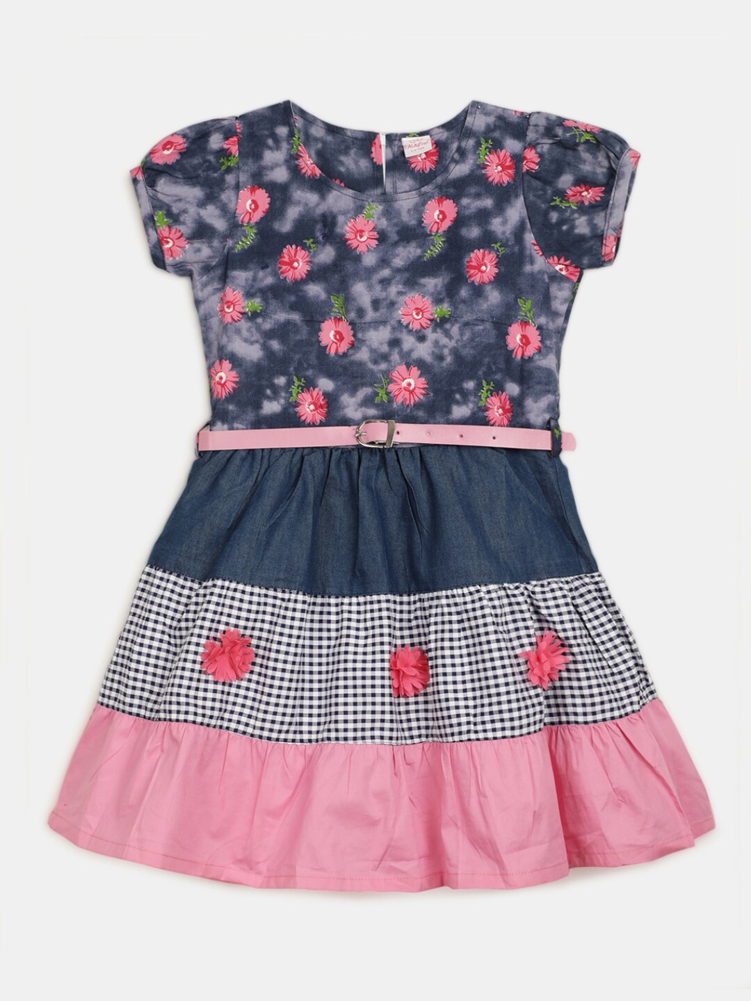 

V-Mart Girls Floral Printed Tiered Fit & Flare Cotton Dress With Belt, Blue
