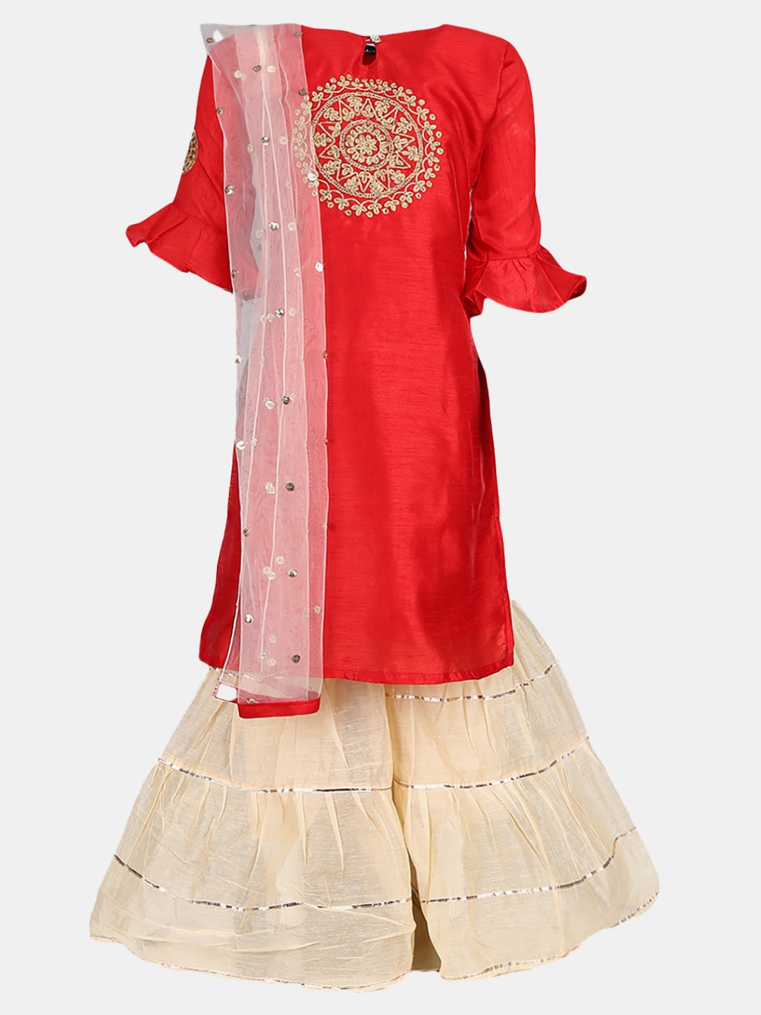 

V-Mart Girls Embellished Keyhole Neck Kurta & Sharara With Dupatta, Red