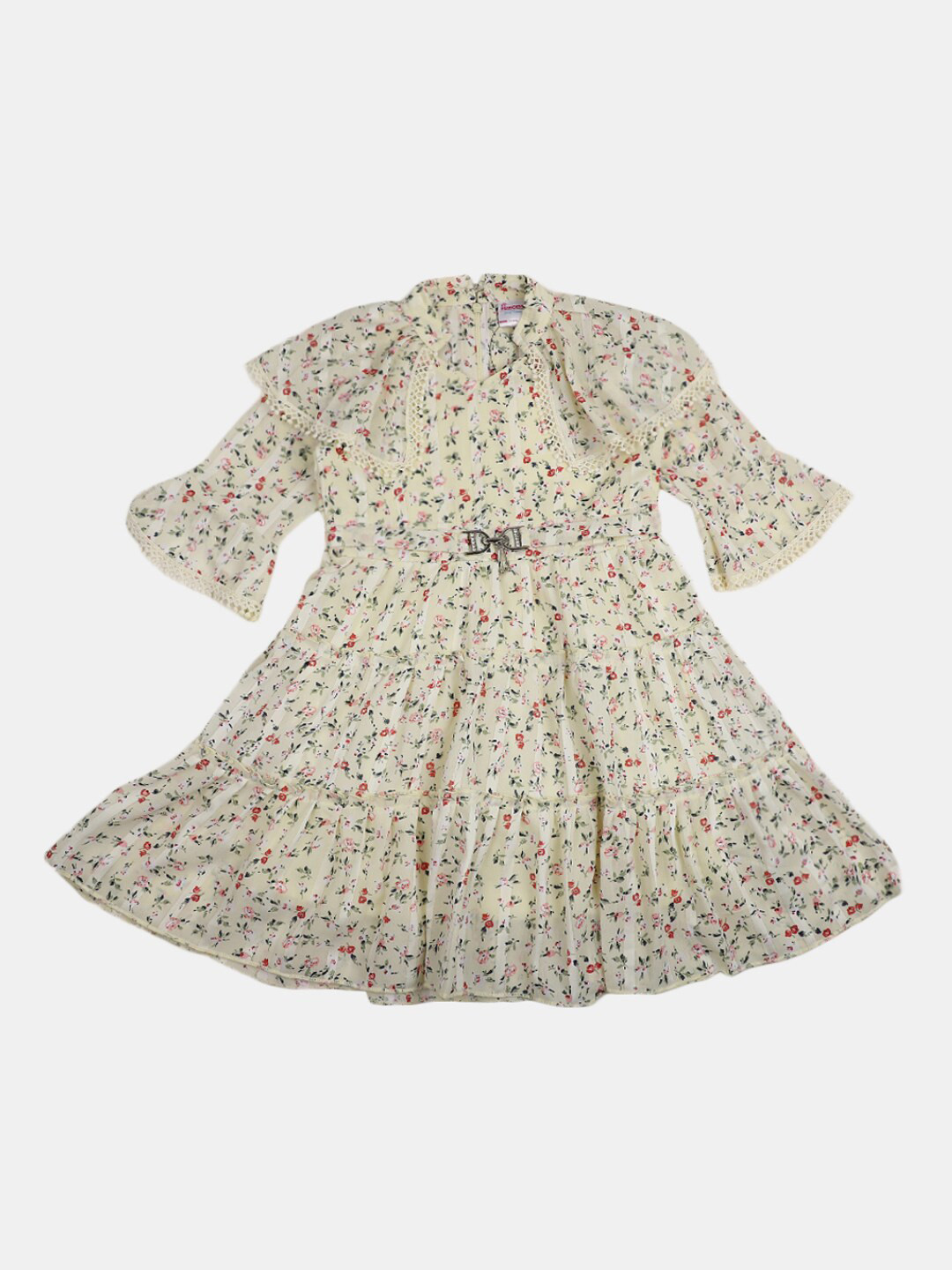

V-Mart Girls Floral Printed Tiered Fit & Flare Georgette Dress With Belt, Yellow