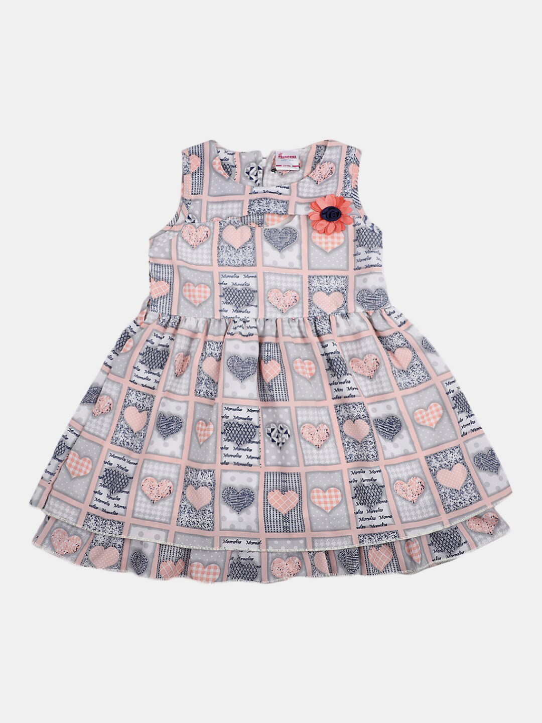 

V-Mart Girls Conversational Printed Layered Georgette Fit & Flare Dress, Grey