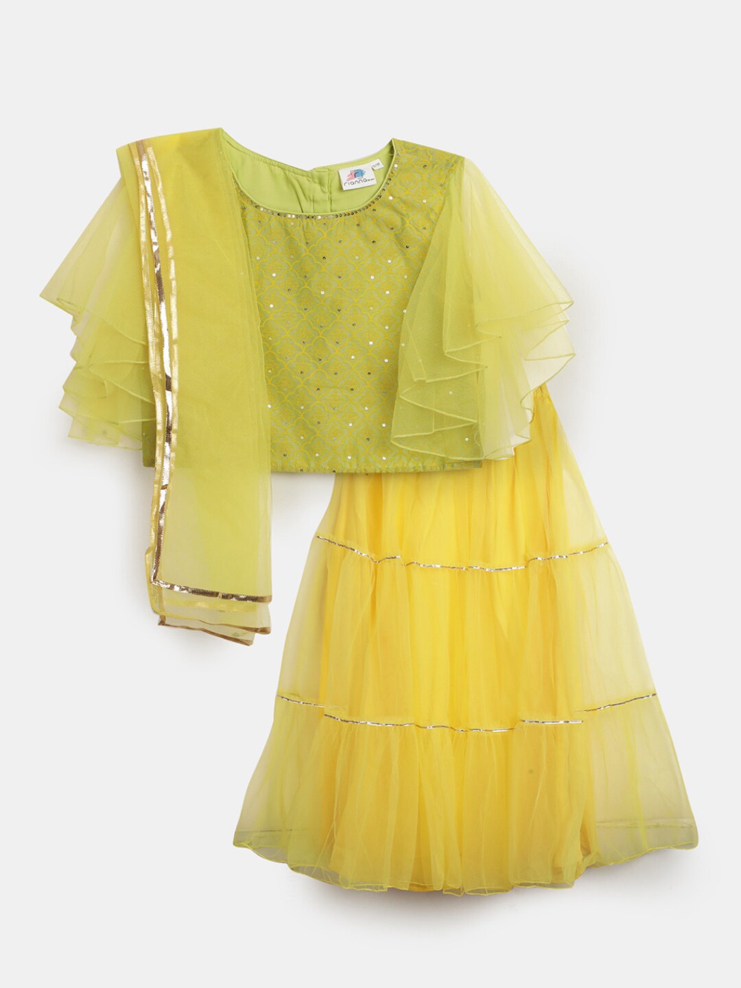 

V-Mart Girls Round Neck Ethnic Printed Sequinned Lehenga Choli With Dupatta, Yellow