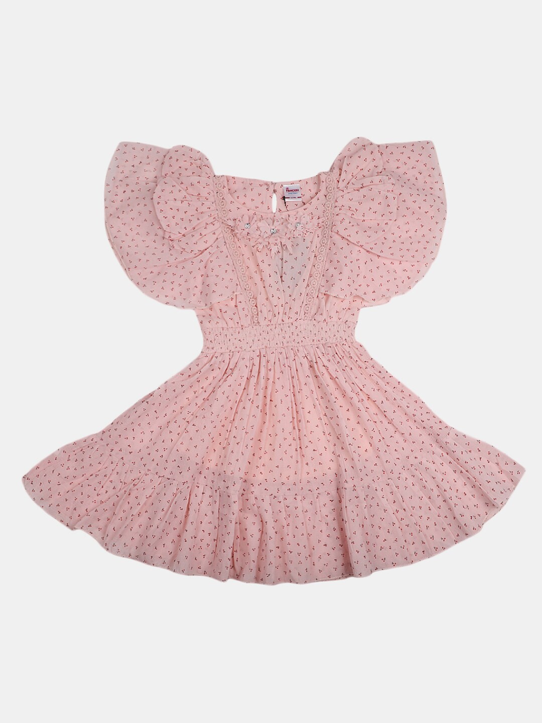 

V-Mart Girls Floral Printed Flutter Sleeve Smocked Fit & Flare Dress, Peach