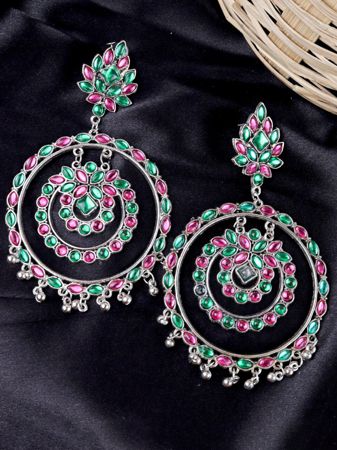 

VAGHBHATT Silver Plated Stone Studded Circular Drop Earrings