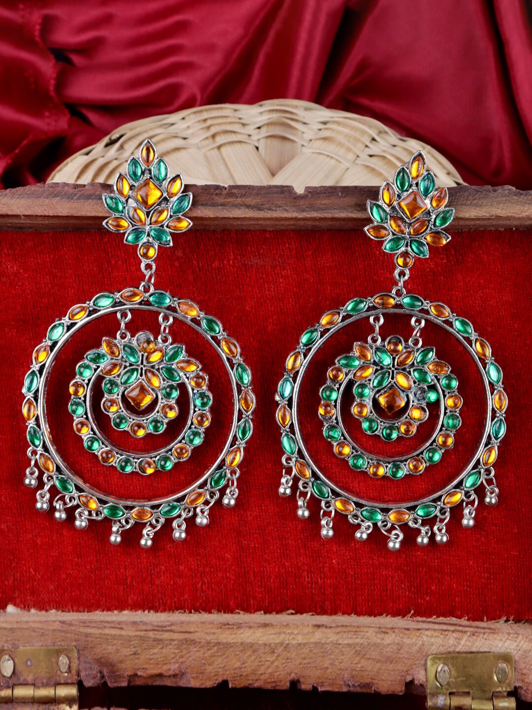 

VAGHBHATT Silver Plated Stone Studded Circular Drop Earrings