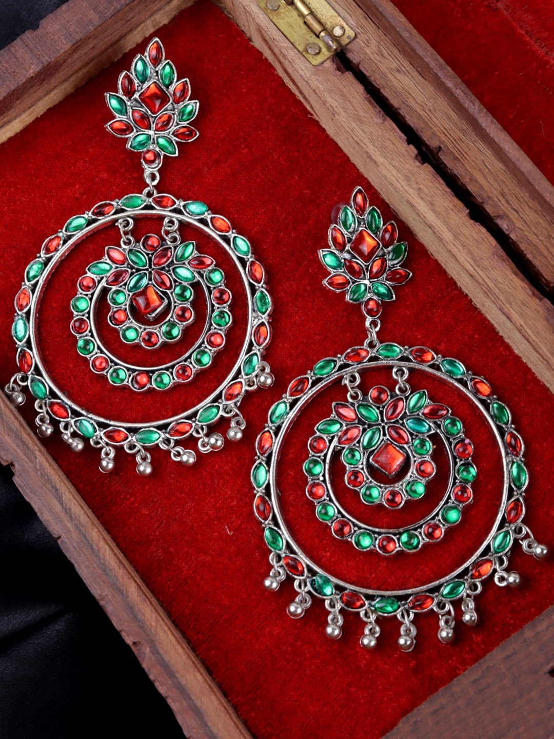 

VAGHBHATT Silver Plated Stone Studded Circular Drop Earrings