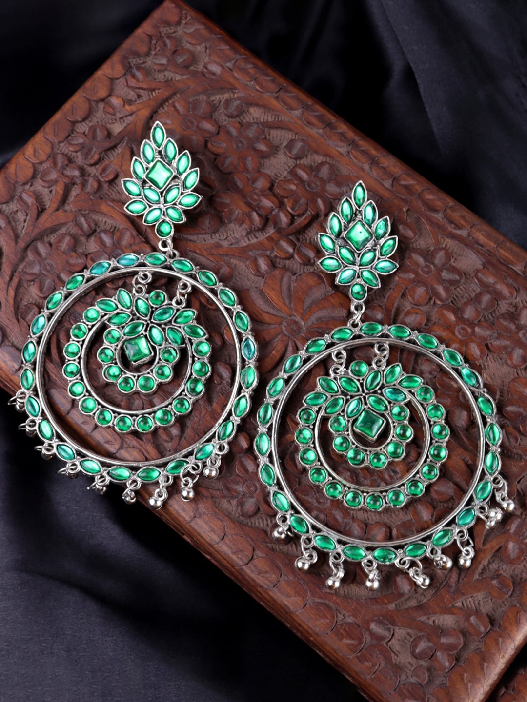 

VAGHBHATT Silver Plated Stone Studded Circular Drop Earrings