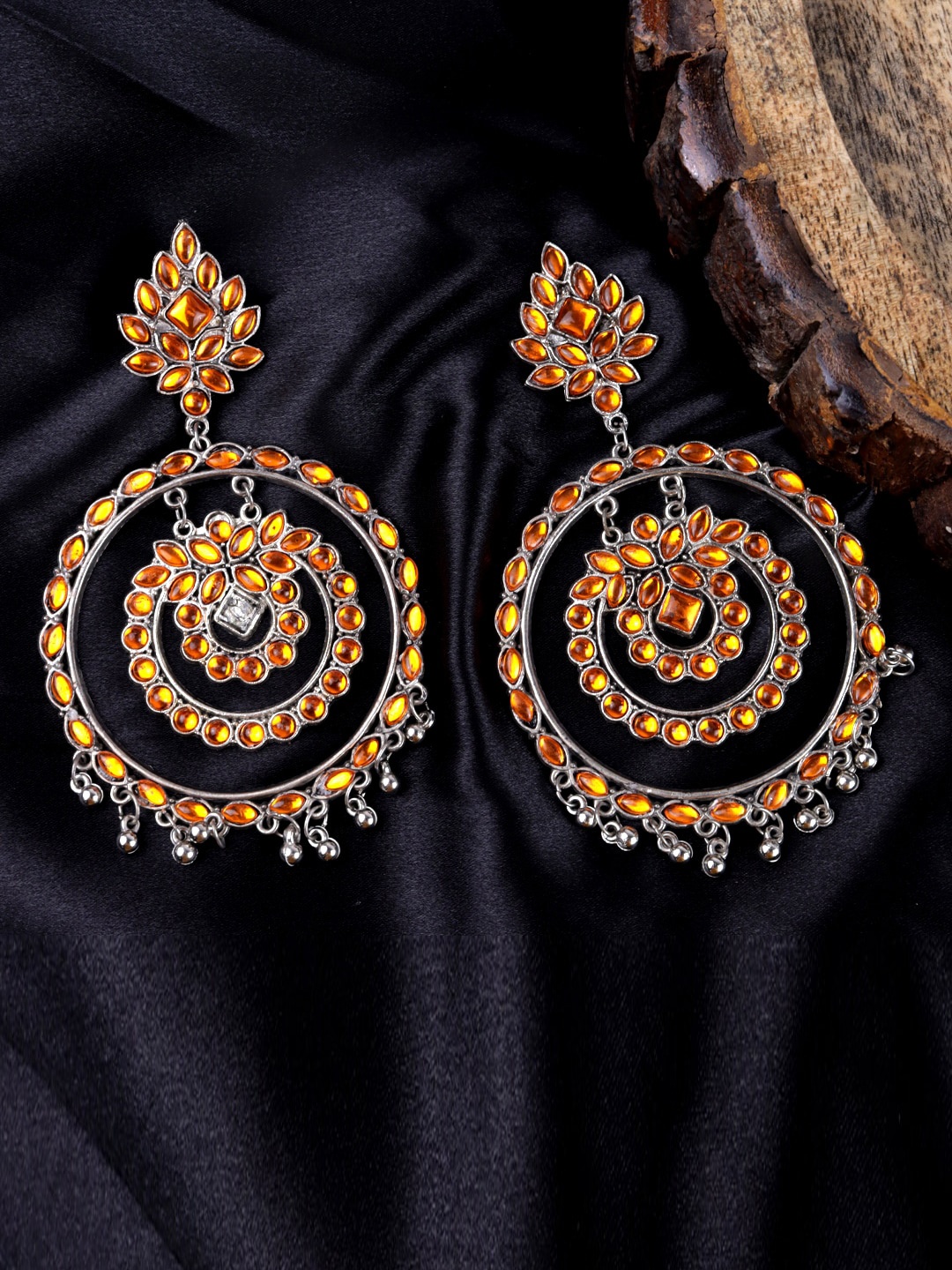 

VAGHBHATT Silver Plated Stone Studded Circular Drop Earrings
