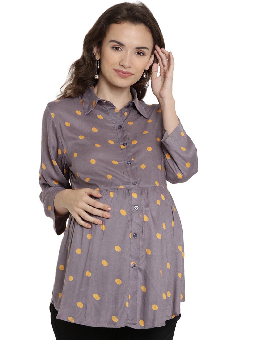 

Mine4Nine Shirt Collar Polka Dots Print Shirt Style Longline Maternity Top, Grey