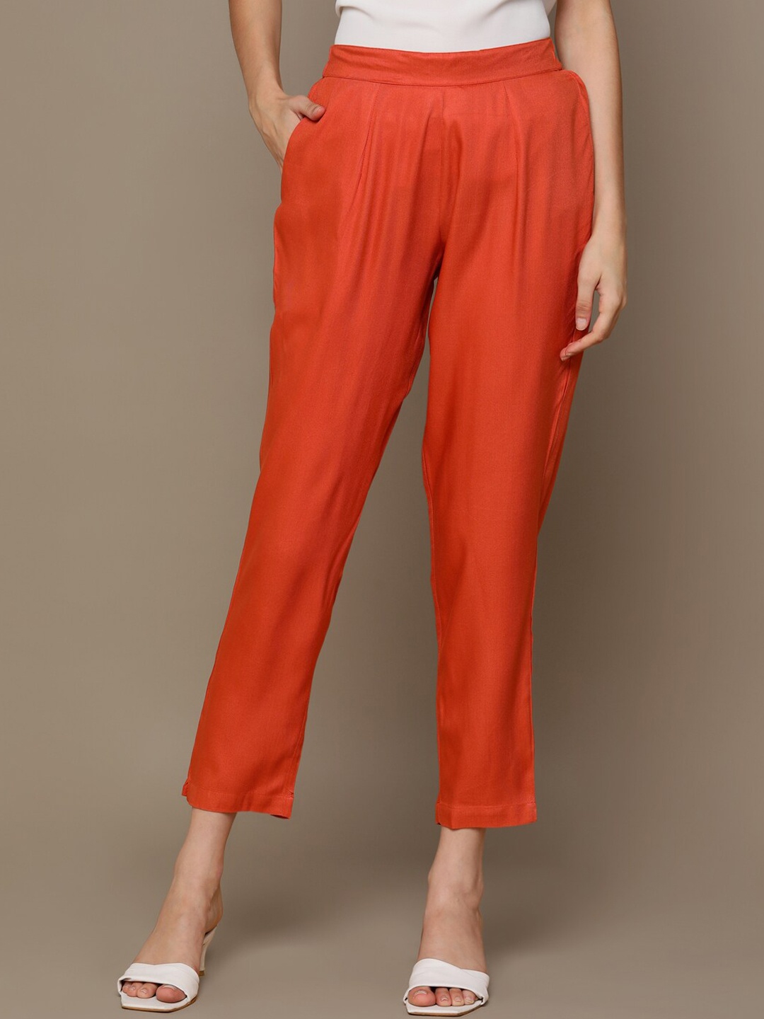 

HERE&NOW Women Orange Mid-Rise Cropped Cigarette Trousers