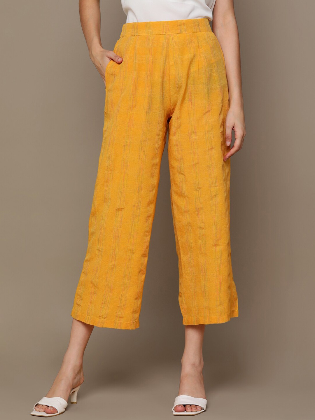 

HERE&NOW Women Yellow Self Design Cropped Parallel Trousers