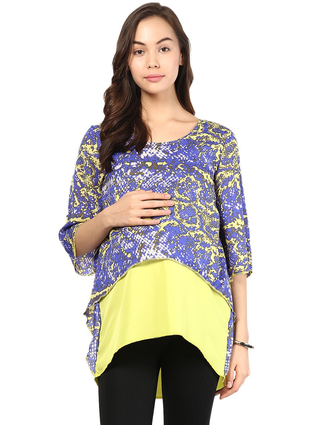 

Mine4Nine Yellow Print Kimono Sleeve Crepe High-Low Top