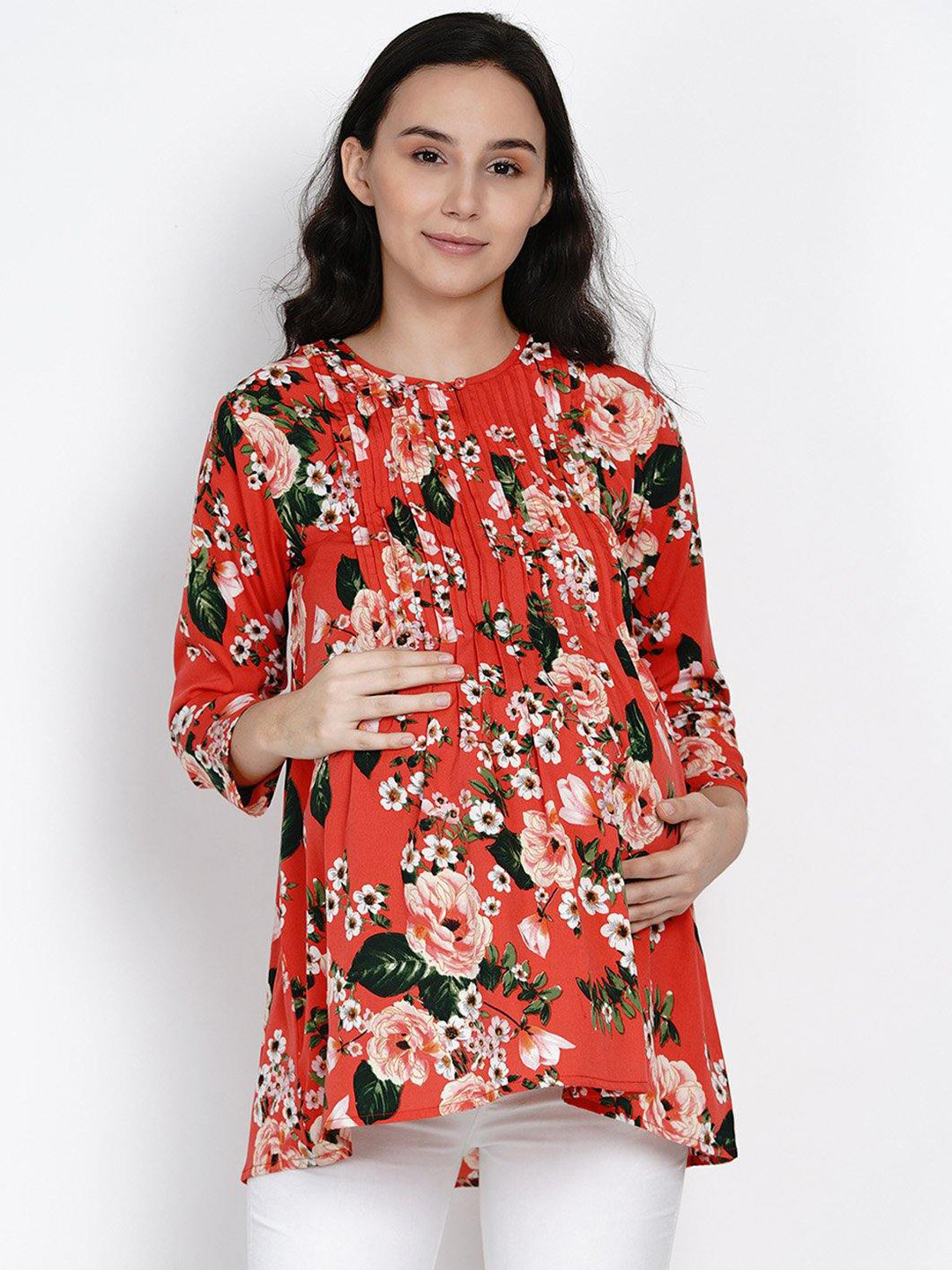 

Mine4Nine Keyhole Neck Floral Print Crepe Maternity Top, Red