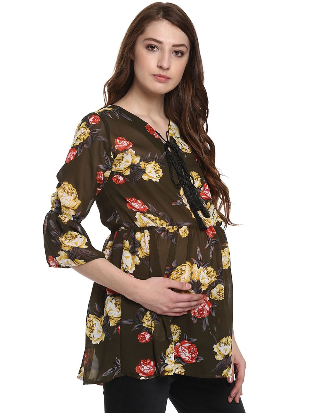 

Mine4Nine Tie Up Neck Floral Print Georgette Maternity Top, Olive