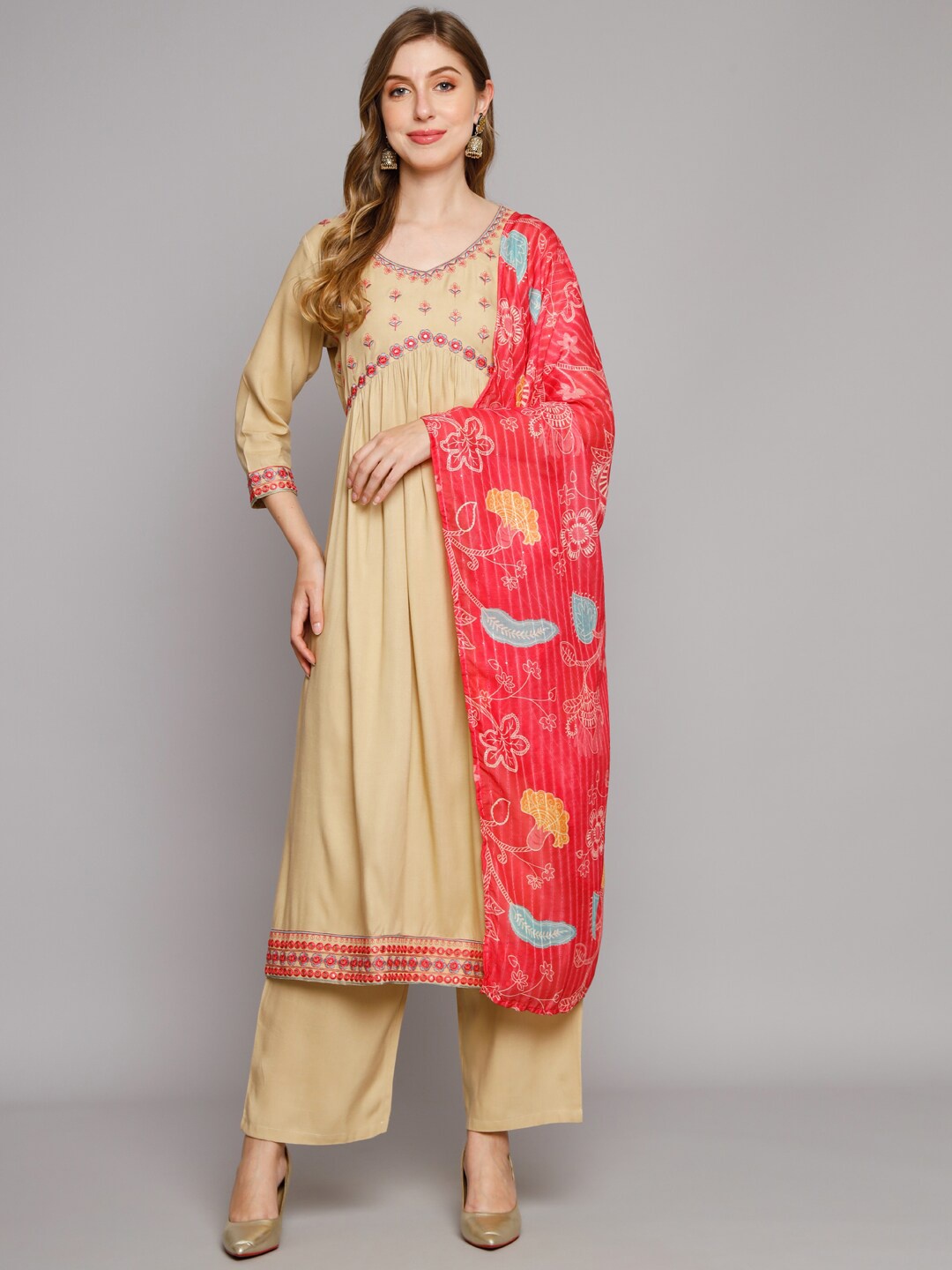

Nehamta Floral Yoke Design A-Line Kurta With Palazzos & Dupatta, Beige