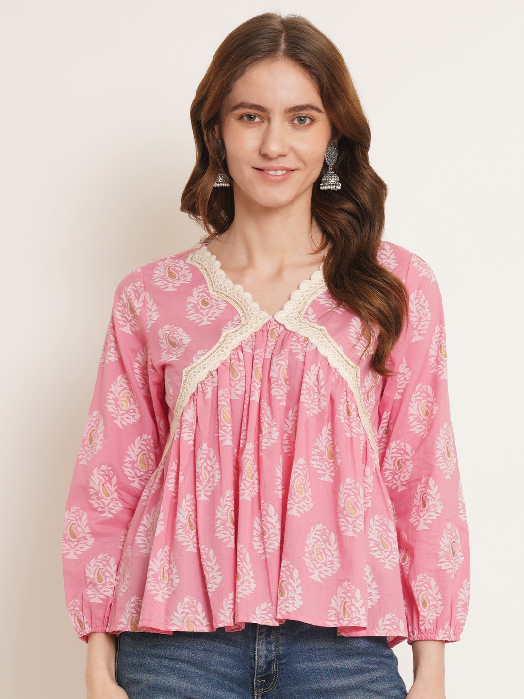 

FABRIC FITOOR Ethnic Printed Pure Cotton A-Line Top, Pink