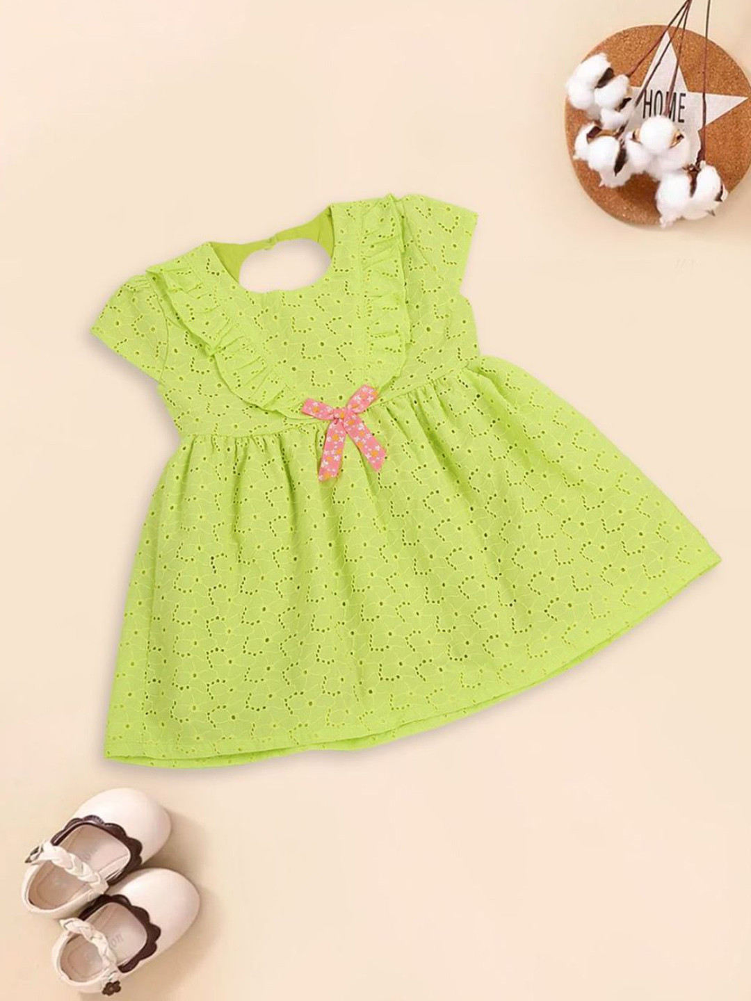 

MeeMee Girls Self Design Cap Sleeves Cotton Fit & Flare Dress, Green