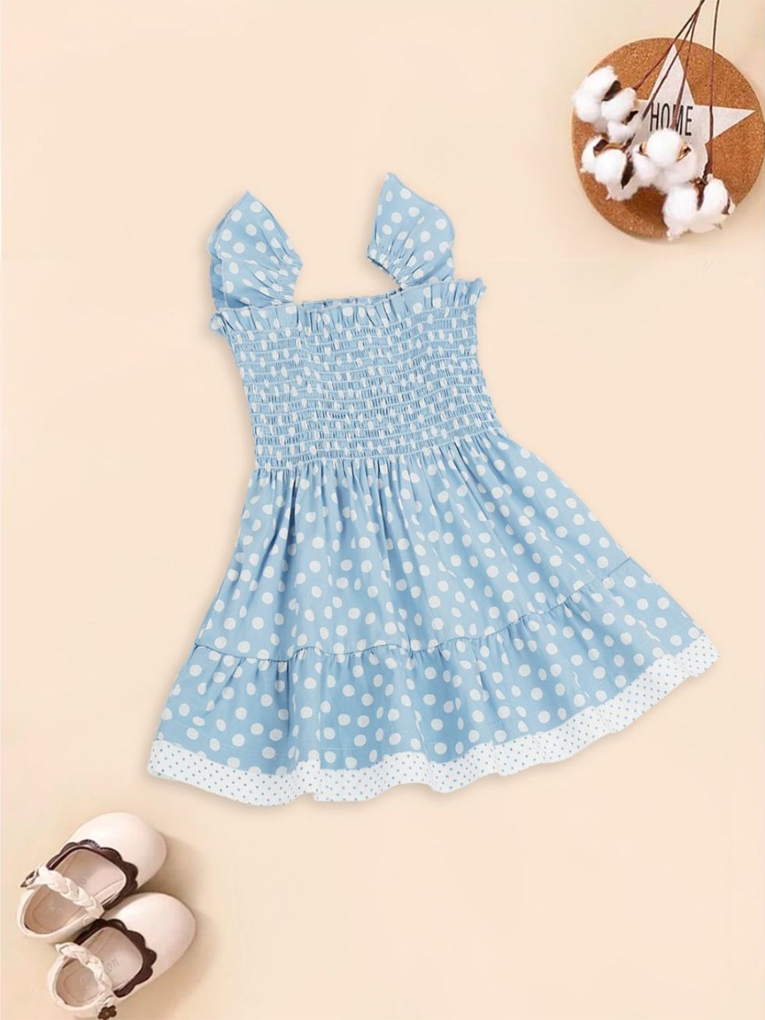 

MeeMee Girls Polka Dot Printed Cotton Fit & Flare Dress, Blue