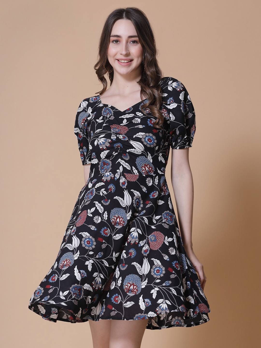 

God Bless Floral Printed Sweetheart Neck Fit & Flare Ruched Dress, Black